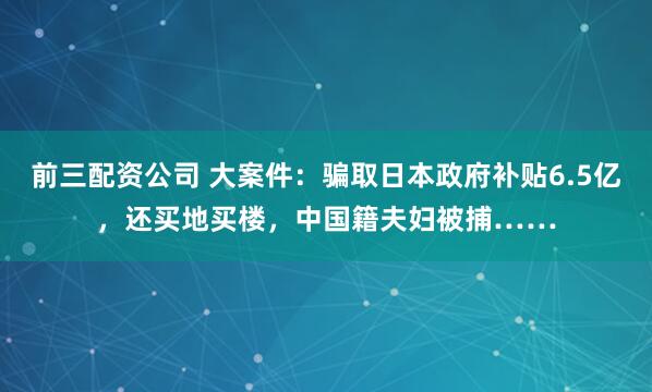 前三配资公司 大案件：骗取日本政府补贴6.5亿，还买地买楼，中国籍夫妇被捕……